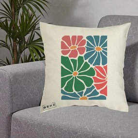 Perna Decorativa Flori Grafice Verde-Roz-Albastru, 40x40 cm, Ecru, Husa Detasabila, Perna Inclusa, BEKZ®