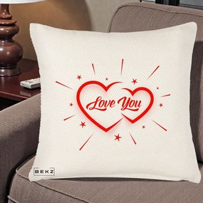 Cadou Romantic - Perna Personalizata Love You Doua Inimi, 40x40 cm, Crem Reliefat, Husa Detasabila, Perna Inclusa, BEKZ®