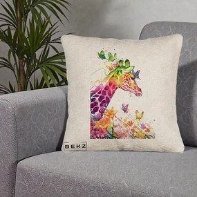 Perna Decorativa Girafa Curcubeu Acuarela, 40x40 cm, Bej Canapea, Husa Detasabila, Perna Inclusa, BEKZ®