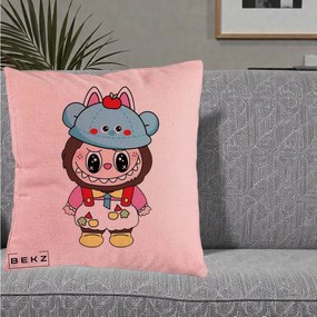 Perna Personalizata Labubu x Urs Albastru Colorat, 40x40 cm, Roz, Husa Detasabila, Perna Inclusa, BEKZ®
