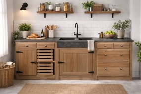 Set mobilier rustic de bucătărie din lemn de pin și blat din piatră neagră, 236 x 55 x 86 cm, „Cottage Kitchen Set"