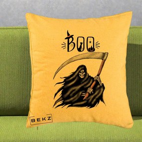 Perna Decorativa Halloween Boo Grim Reaper cu Coasa, 40x40 cm, Galben, Husa Detasabila, Perna Inclusa, BEKZ®