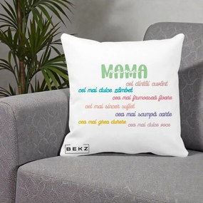 Cadou pentru Mama - Perna Personalizata Mama Cel Dintai Cuvant cu Text Colorat Multicolor, 40x40 cm, Alba Mata, Husa Detasabila, Perna Inclusa, BEKZ®