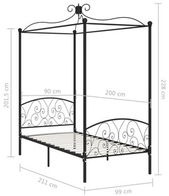Cadru de pat cu baldachin, negru, 90 x 200 cm, metal Negru, 90 x 200 cm
