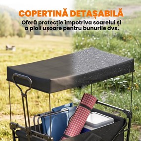 Outsunny Cărucior Pliabil de Exterior cu Copertină Detașabilă, Rezistent pentru Grădină și Camping, cu Maner Telescopic | Aosom Romania