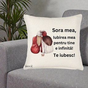 Cadou pentru Sora - Perna Personalizata Sora Mea Te Iubesc Doua Fete Iarna Acuarela, 40x40 cm, Crem Reliefat, Husa Detasabila, Perna Inclusa, BEKZ®