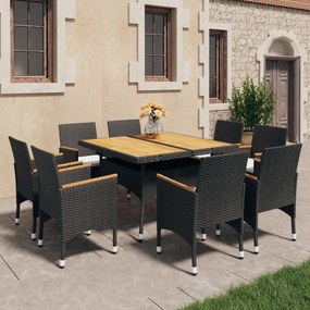 3058346 vidaXL Set mobilier grădină, 9 piese, negru, poliratan și lemn acacia