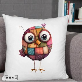Perna Decorativa Pasare Patchwork Roz cu Floare, 40x40 cm, Alb Pufos, Husa Detasabila, Perna Inclusa, BEKZ®