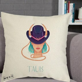 Perna Personalizata Zodie Taur, 40x40 cm, Ecru, Husa Detasabila, Perna Inclusa, BEKZ®