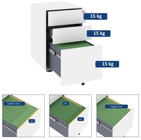 Vinsetto Fiset Metalic cu 3 Sertare și Sistem de Blocare, Mobilier de Birou pe Roti, 39x48x59cm, Design Compact, Alb | Aosom Romania