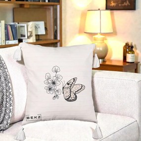 Perna Decorativa Fluture si Flori Linie Monocroma, 40x40 cm, Bej cu Franjuri, Husa Detasabila, Perna Inclusa, BEKZ®