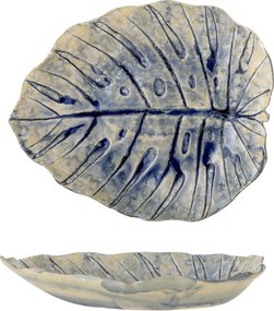 Platou de servire din ceramică, în formă de frunză, natur cu detalii albastre în relief, „Rowan", 32,5 x 26,5 x 4,5 cm