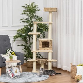 PawHut Săculeț de zgâriat din ratan cu căsuță pentru pisici Săculeț de pisici cu mai multe etaje Kletterbaum pentru pisici E1 MDF Sisal Bej+Maro 55 x 55 x 174 cm | Aosom Romania