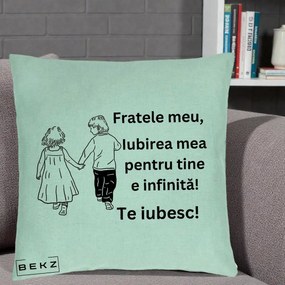 Cadou pentru Frate - Perna Personalizata Fratele Meu Te Iubesc Copii Tinand Maini Varianta 2, 40x40 cm, Verde Menta, Husa Detasabila, Perna Inclusa, BEKZ®