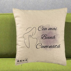 Cadou pentru Cumnata - Perna Personalizata Cea mai Buna Cumnata cu Silueta Dama si Pete Violet, 40x40 cm, Bej, Husa Detasabila, Perna Inclusa, BEKZ®