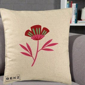 Perna Decorativa Floare Macul Roz-Rosu Grafic, 40x40 cm, Bej, Husa Detasabila, Perna Inclusa, BEKZ®