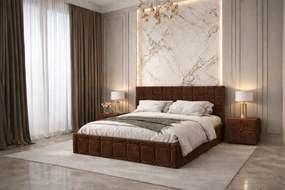 Pat tapitat Royal 140x200 cm, Maro + Saltea Superortopedica Gold, grosime 20 cm + Set 2 noptiere Royal, Maro
