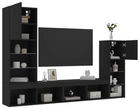 3216648 vidaXL Unități de perete TV cu LED-uri, 4 piese, negru, lemn prelucrat