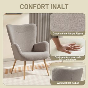Fotoliu Modern Imbottito de Sufragerie HOMCOM, Fotoliu de Dormitor în Țesătură Sherpa cu Spătar Înalt și Brațe, Fotoliu Relax cu Cadru din Oțel pentru Sufragerie, Gri Deschis | Aosom Romania