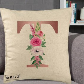 Cadou Personalizat - Perna Personalizata Monograma Rose Gold Litera T, 40x40 cm, Bej, Husa Detasabila, Perna Inclusa, BEKZ®