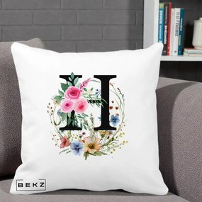 Cadou Personalizat - Perna Personalizata Monogram Litera H cu Flori Acuarela, 40x40 cm, Alba Mata, Husa Detasabila, Perna Inclusa, BEKZ®