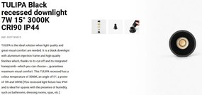 Spot LED incastrabil TULIPA Black recessed downlight 7W 15° 3000K CRI90 IP44