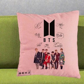 Perna Personalizata K-pop BTS Semnaturi Foto, 40x40 cm, Roz, Husa Detasabila, Perna Inclusa, BEKZ®