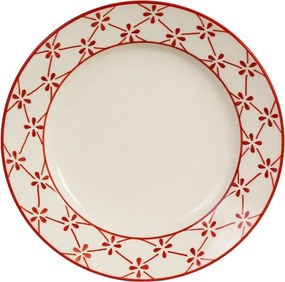 Farfurie din ceramică artizanală natur, cu motive florale pictate manual roșu și bordură decorativă, 19,5 cm, „Marion Clover"