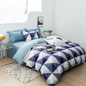 Lenjerie pat dublu cu două feţe  4 piese  Bumbac Satinat Superior  Albastru  forme geometrice