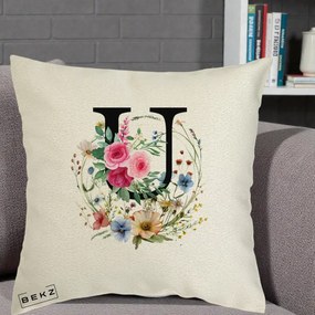 Cadou Personalizat - Perna Personalizata Monogram Litera U cu Flori Acuarela, 40x40 cm, Ecru, Husa Detasabila, Perna Inclusa, BEKZ®