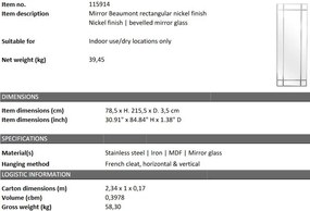 Oglinda decorativa LUX Beaumont Rectangular, nickel 78x215cm 115914 HZ