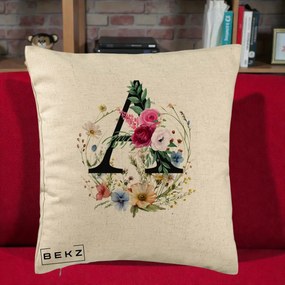 Cadou Personalizat - Perna Personalizata Monogram Litera A cu Flori Acuarela, 40x40 cm, Bej, Husa Detasabila, Perna Inclusa, BEKZ®