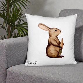 Perna Decorativa Iepuras Acuarela cu Morcov, 40x40 cm, Alb Pufos, Husa Detasabila, Perna Inclusa, BEKZ®