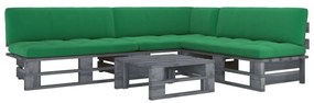 Set mobilier paleti cu perne, 4 piese, gri, lemn de pin tratat Verde, colt + 2x mijloc + masa, Gri, 1