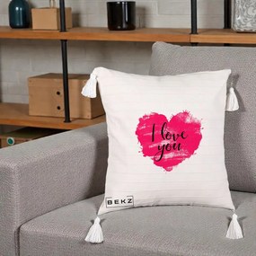Cadou Romantic - Perna Personalizata I Love You Inima Roz, 40x40 cm, Bej cu Franjuri, Husa Detasabila, Perna Inclusa, BEKZ®