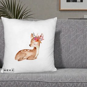Perna Decorativa Caprioara cu Flori in Coama, 40x40 cm, Alb Pufos, Husa Detasabila, Perna Inclusa, BEKZ®