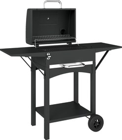 Outsunny Grătar pe cărbuni cu capac, BBQ Smoker cu 2 mese laterale, suprafață mare de gătit, grătar, termometru, roți | Aosom Romania