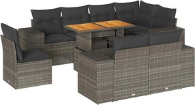 vidaXL Set canapele de grădină, 9 piese, cu perne, gri, poliratan