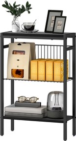 HOMCOM Masă laterală, design în 3 niveluri, rafturi cu aspect lemn, cadru din oțel, negru | Aosom Romania