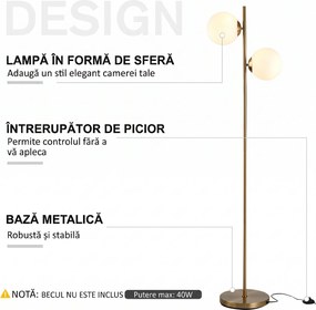 HOMCOM Lampă de Podea cu 2 Lumini și Abajururi Sferice, Lampă de Podea cu Comutator de Picior, Soclu E27, 39x28x165 cm, Aur | Aosom Romania