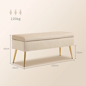 HOMCOM Bancă de Depozitare Tapițată cu Picioare Subțiri, Bancă de Depozitare din Material de Tip Catifea, 102x35x43 cm, Bej | Aosom Romania