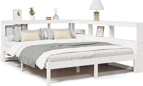 vidaXL Pat cu bibliotecă fără saltea, alb, 150x200 cm, lemn masiv pin