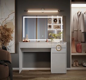 Masuta machiaj cu Oglinda LED si 3 Sertare pentru Cosmetice, Set Masa toaleta 115 cm, Alb Lucios, masuta cosmetica, vanity - SEA442