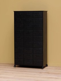 Dulap cu sertare vintage industrial din metal, negru, cu 27 de sertare, port-etichete și roți cu frână, finisaj antichizat, 132 x 76 x 37 cm, „Office”