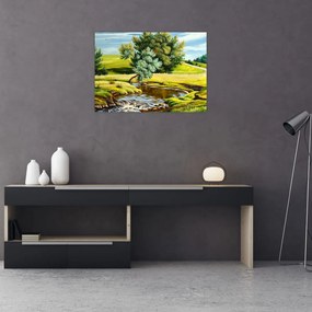 Tablou pe sticlă - Râu între câmpii, pictură în ulei (70x50 cm)