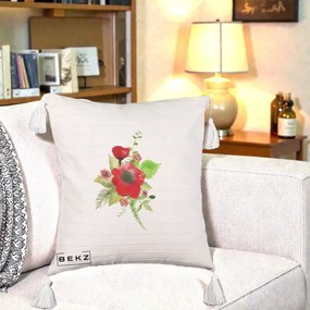 Perna Decorativa Buchet Rosu Acuarela, 40x40 cm, Bej cu Franjuri, Husa Detasabila, Perna Inclusa, BEKZ®