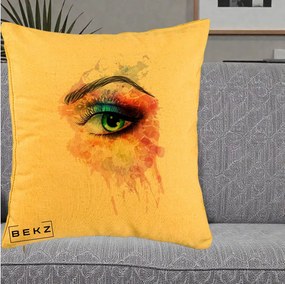 Perna Decorativa Ochi Verde Acuarela, 40x40 cm, Galben, Husa Detasabila, Perna Inclusa, BEKZ®