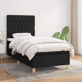 Pat box spring cu saltea, negru, 100x200 cm, textil Negru, 100 x 200 cm, Design cu nasturi