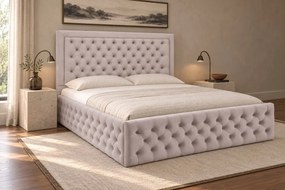 Pat tapițat Chesterfield din catifea Ophelia Deluxe 120×200 cm, crem, cu ladă de depozitare