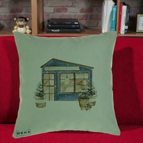 Perna Decorativa Casa de Iarna Watercolor, 40x40 cm, Verde, Husa Detasabila, Perna Inclusa, BEKZ®